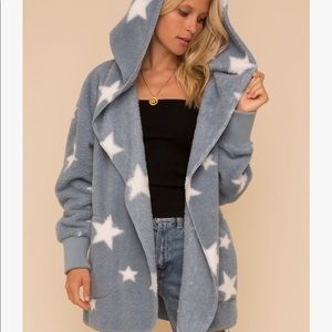 Powder Baby Blue Star Print Cozy Open Teddy Jacket with Hood!